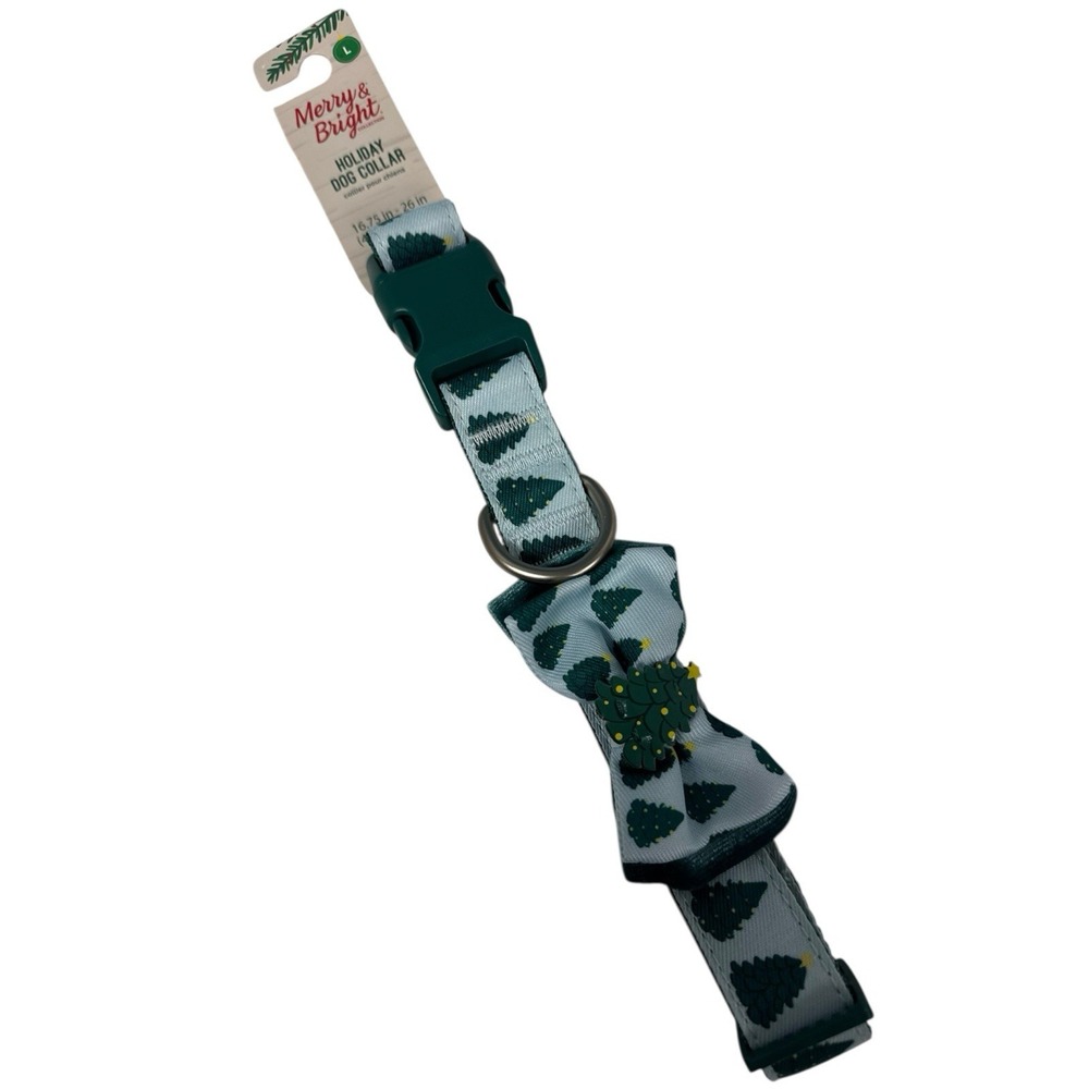 Merry Bright Holiday Dog Collar Green Light Blue Christmas Tree Size L 16"-26"
